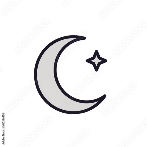 Stylized grey crescent moon and fourpointed star icon with a bold dark outline.