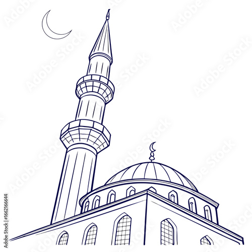 A detailed line drawing of a mosque minaret and dome with a crescent moon in the sky