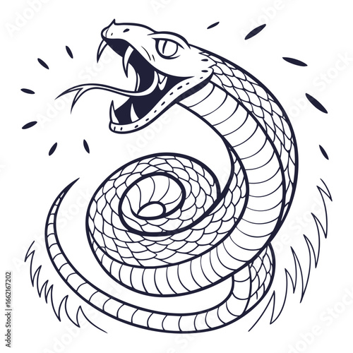 Aggressive cobra snake striking with fangs bared and forked tongue flicking dangerously