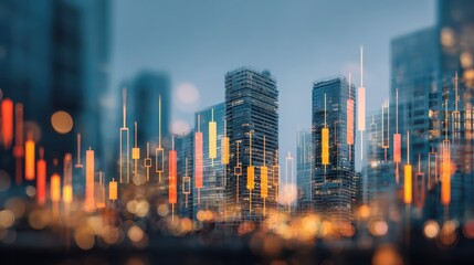 real estate investing concept with digital stock market candlestick on business skyscrapers background double exposure no logos no brands ar 169