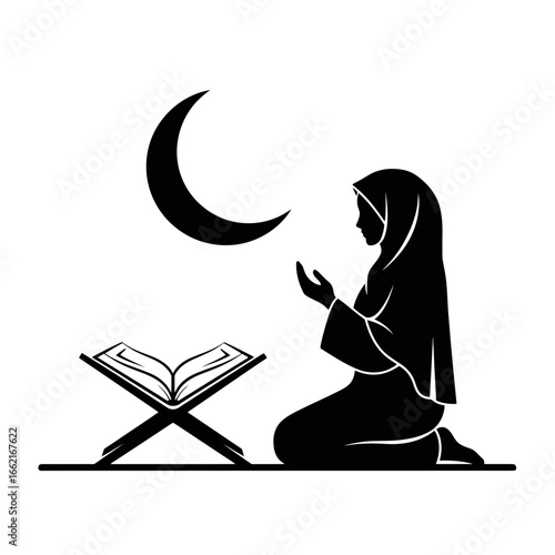Vector art of muslim woman in hijab praying with quran on stand under crescent moon