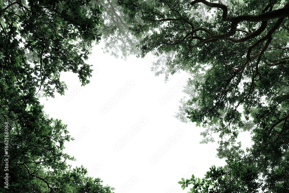 Fototapeta premium View upward through green tree canopies forming natural frame with open white sky in center