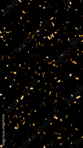 golden falling confetti on black background. Festive celebration confetti animation for party design, birthdays, New Year, holidays, and special event graphics