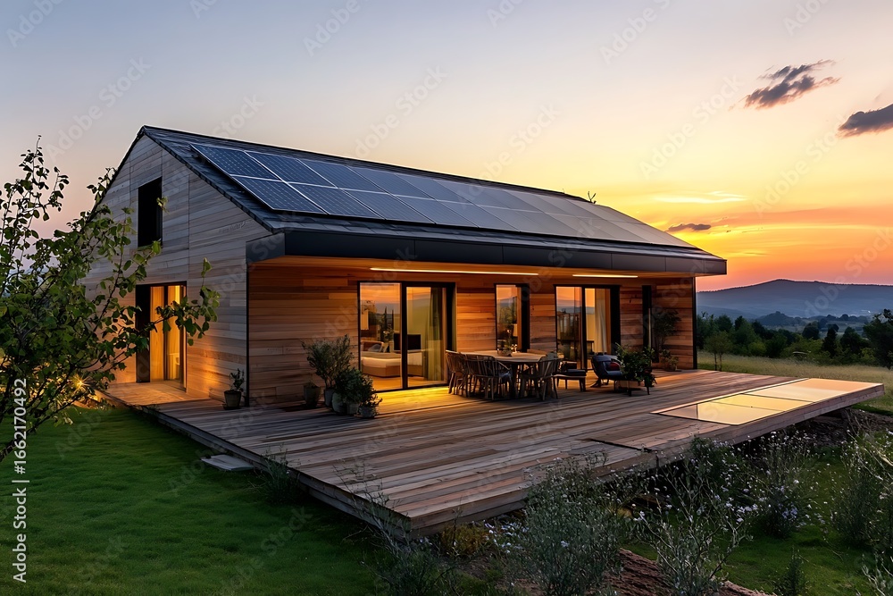 Fototapeta premium Modern Wood House with Solar Panels at Sunset Eco Home Design