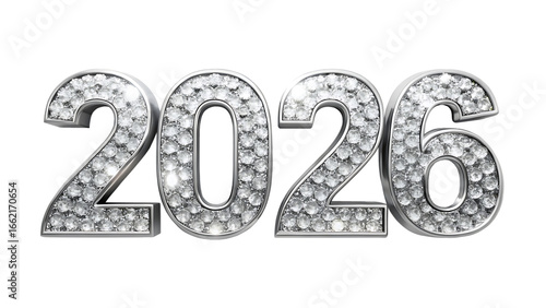 The year 2026 represented by sparkling diamonds, isolated on transparent background