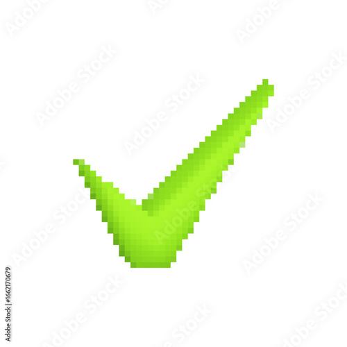 Bright lime green checkmark icon with a pixelated mosaic style and sharp angular design.