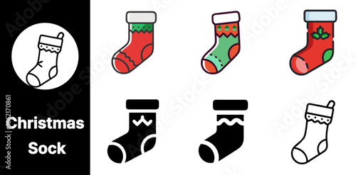 A Christmas Sock icon set featuring various variants with different styles perfect for festive holiday and gift-themed designs.

