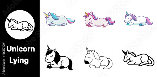 A whimsical Unicorn icon set featuring various variants with playful designs and mystical styles perfect for fantasy and children's projects.