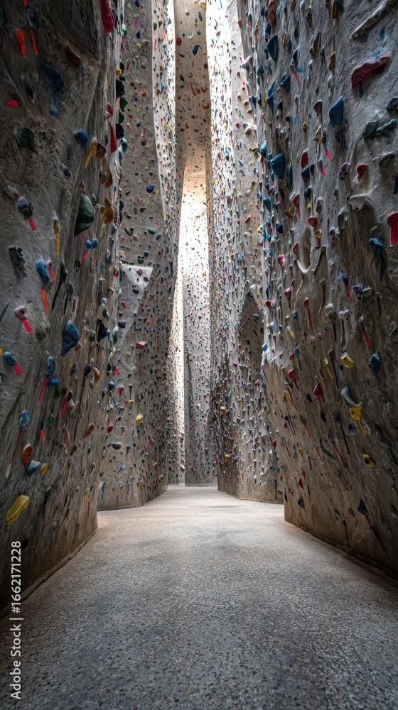Fototapeta premium Indoor climbing gym's tall walls, sunlight streaming in, floor, potential training use