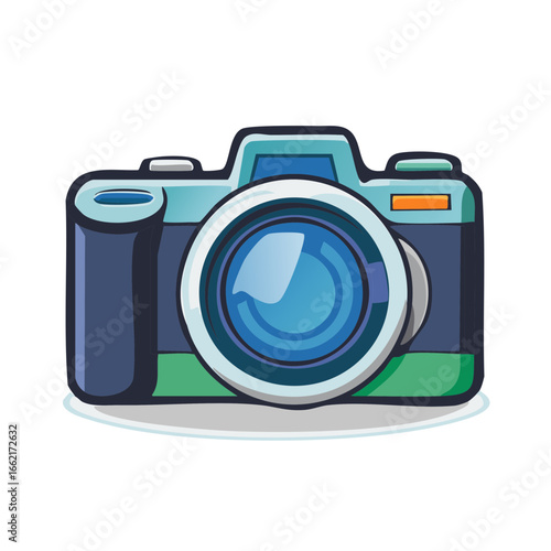 Stylized cartoon camera with blue lens, black body, and green base ready for capturing memories and photographs