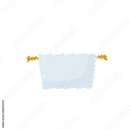 Mosaic white towel featuring pixelated design with golden holders, highlighting its simplicity.