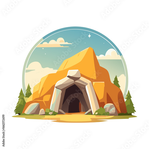 Cartoon Cave Entrance to Mountain Landscape with Sky and Evergreen Trees