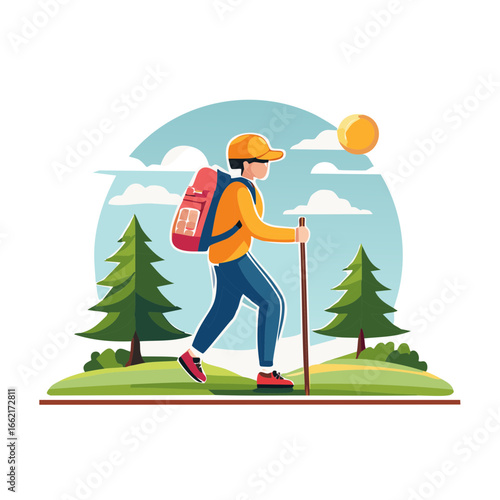 Illustration of Man Hiking with Backpack and Walking Stick in Green Forest Landscape