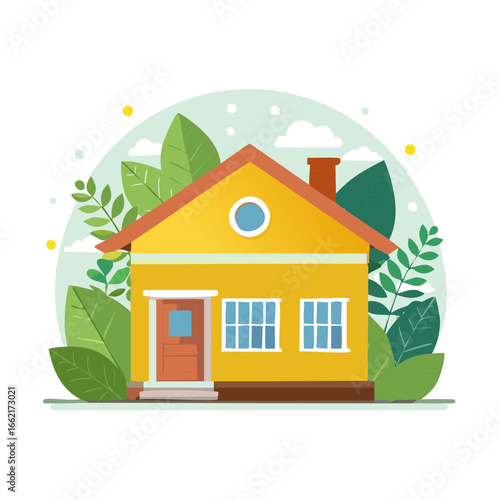 Cute Yellow House with Green Leaves Illustration, Home Sweet Home Graphic Design