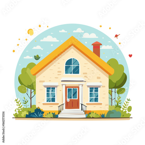 Cozy house, front view, with a sunny sky, trees, shrubs, residential cartoon drawing