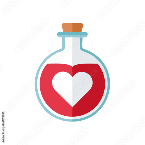 Glass bottle filled with red liquid in heart shape and cork stopper illustration for love potion concept