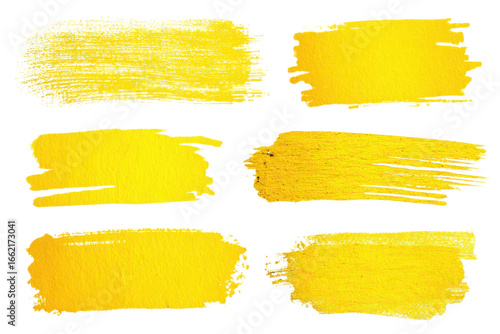 Set of yellow paint ink grunge dirty brush strokes