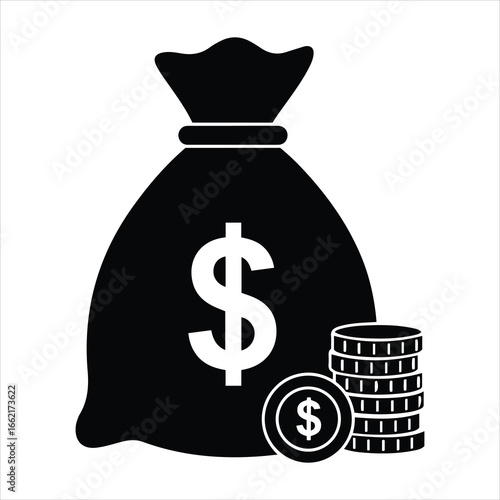 Money bag with dollar sign and stacked coins representing financial wealth and abundance