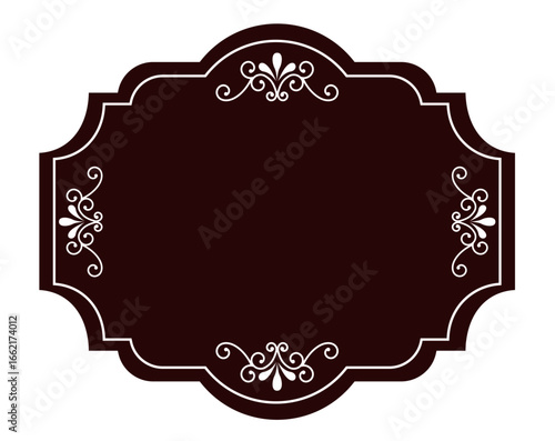 Vintage ornamental label frame with decorative swirls, dark burgundy background and classic vignette border, elegant retro template for wine, packaging, perfume and premium product design
