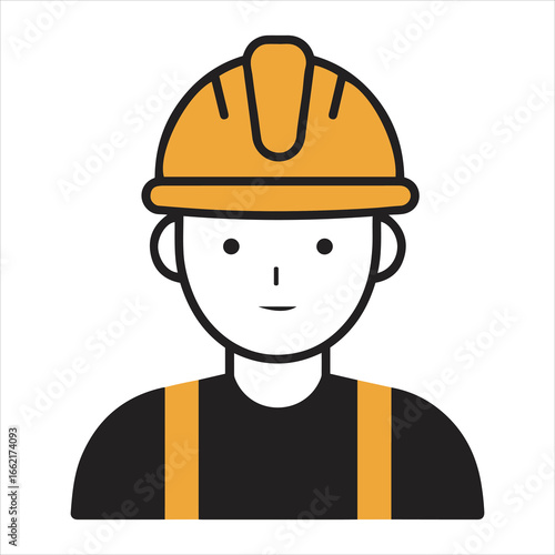 Friendly construction worker wearing yellow hard hat and safety vest in a simplified cartoon style