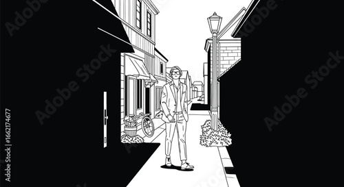 A man in a suit standing on a street with buildings and a bicycle in a black and white illustration