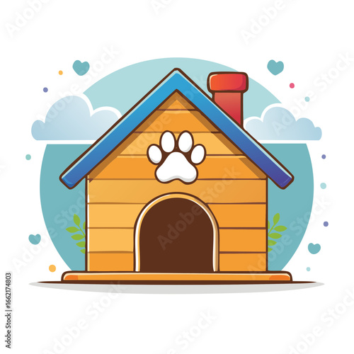 Cute Cartoon Dog House with Paw Print and Heart Designs, Ideal for Pet Lovers