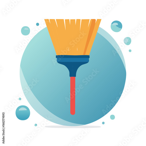 Flat vector illustration of a broom with blue and light blue background and water drops