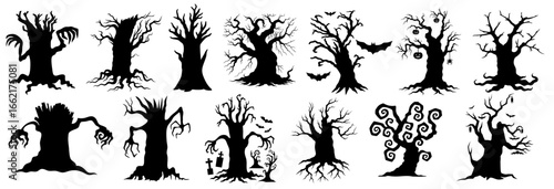 Haunted dark forest with creepy twisted trees, sinister silhouettes with monstrous faces, claw branches and cursed roots