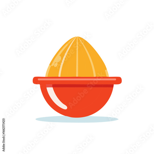 Orange citrus juicer, juice preparation tool, red kitchen bowl, fresh squeezed juice, tropical fruit