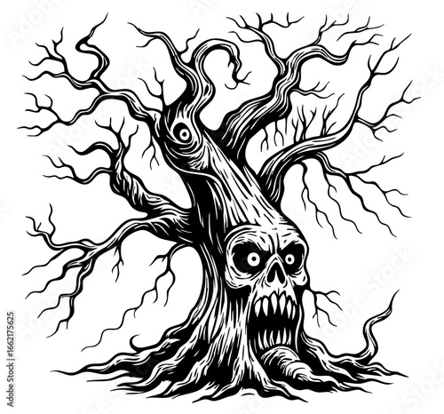 Terrifying haunted tree with twisted skeletal branches, monstrous skull face with hollow eyes and gaping mouth, cursed roots spreading like claws of death