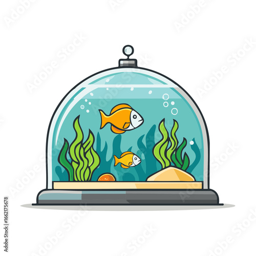 Aquarium with Fish and Seaweed Under a Glass Dome Fresh Water Fishbowl Illustration