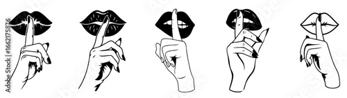 Lips and finger in shushing gesture, mysterious feminine symbol of silence, secrecy and intimacy, sensual mouth with elegant hand making hush sign, seductive of hidden emotions and unspoken words