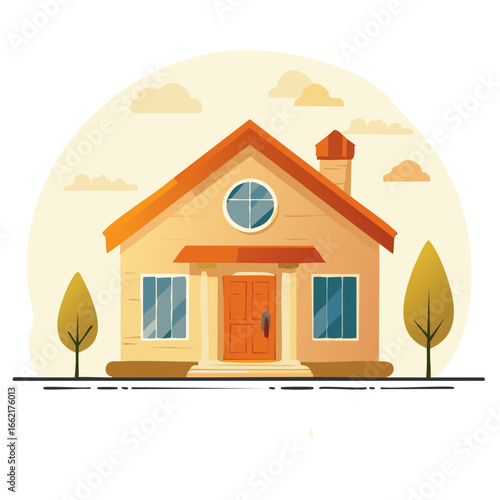 Cozy Cartoon House With Orange Roof Windows Clouds and Trees