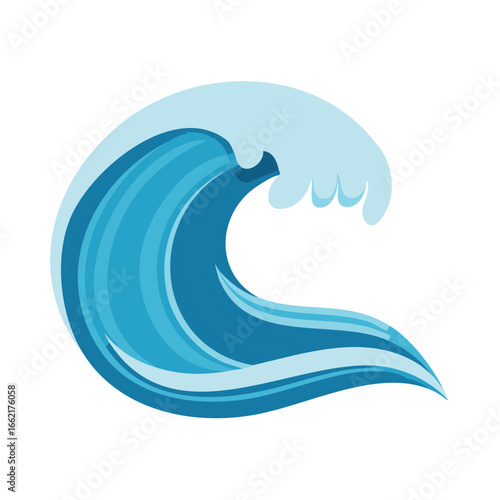 Stylized Illustration of a Large Blue Ocean Wave with Frothy White Crests