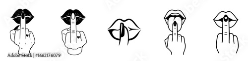 Middle finger lips gesture symbolizing shh silence, shut up, protest and provocative expression. Shut Up Lips and Finger Gesture – Silence Hand Signs, Sexy Mouths, Middle Finger Variations.
