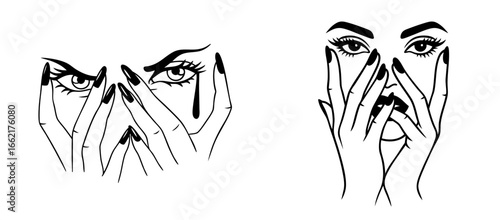 Mysterious female face partially covered by hands with long nails, seductive feminine illustration with piercing eyes, erotic symbol of secrecy, intimacy, flirtation and hidden emotions