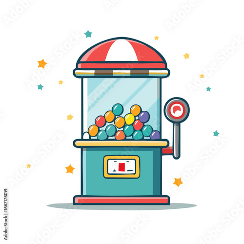 Colorful gumball machine illustration with stars, featuring classic amusement game cartoon style design