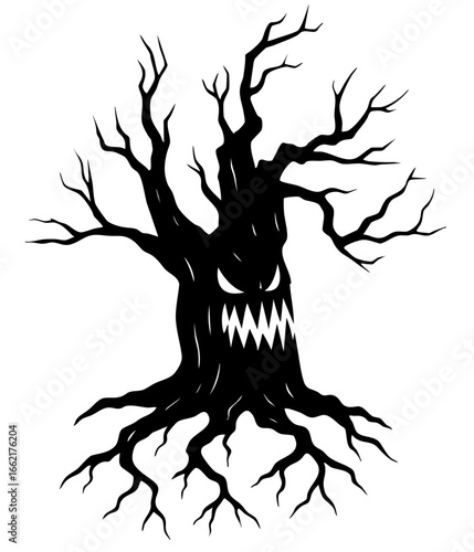 Creepy haunted tree with twisted branches and crawling roots, sinister face with sharp jagged teeth, cursed spirit rising from darkness, terrifying nightmare creature of horror forest feeding on fear 