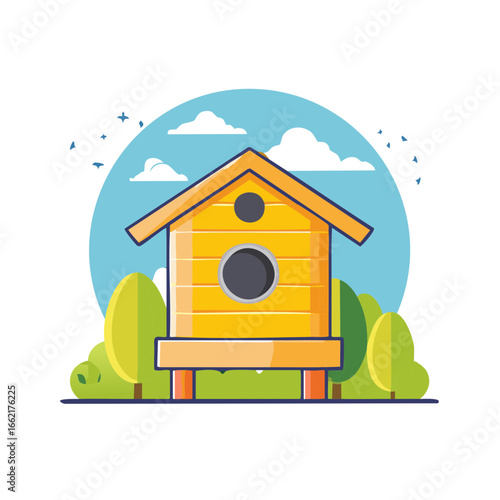 Yellow birdhouse against blue sky with birds and trees in summer park
