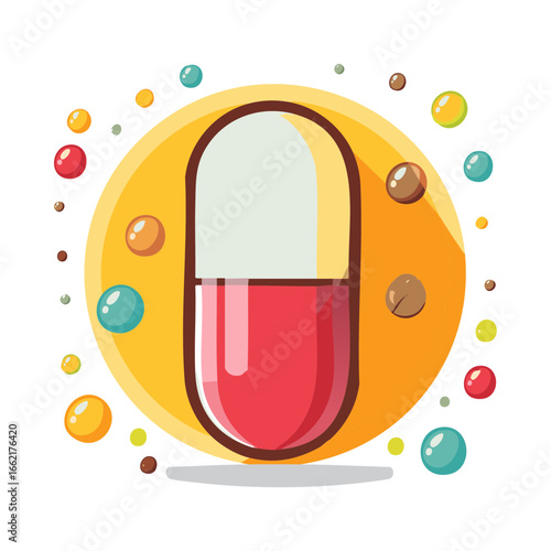 Stylized Illustration of a White and Red Capsule with Colorful Dots Around a Warm Yellow Circle Shape