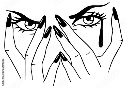 Dramatic female eyes with hands partially covering face, illustration of secrecy, inner fear and hidden emotions, mysterious feminine portrait symbolizing psychological tension and unspoken feelings