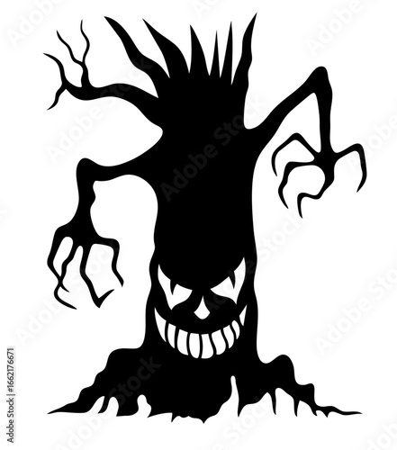 Monstrous haunted tree with twisted roots like chains of hell, deformed branches like executioner hands, grotesque sinister face with predatory teeth, evil grin shining with madness and malice, nightm