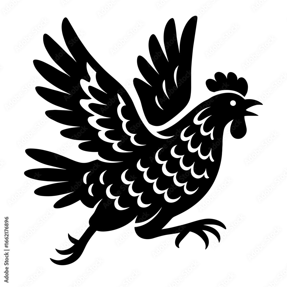 Obraz premium A stylized black and white illustration of a rooster in full flight, depicted in a bold and artistic manner, exuding a sense of motion and energy. vector illustration