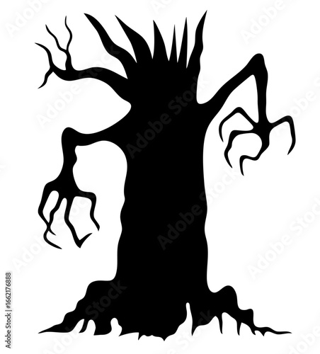 faceless tree with twisted claw branches, monstrous silhouette of ancient evil, cursed spirit of darkness standing like idol of night, terrifying void within empty trunk waiting to awaken in horror fo