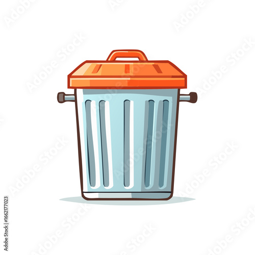 Orange Lidded Trash Can Cartoon Style Vector Illustration for Recycle and Waste Management