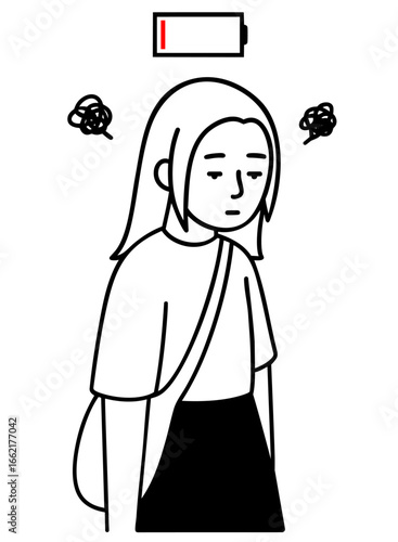 Tired exhausted girl with low battery symbol, fatigue, stress and burnout, mental health, emotional exhaustion and need for rest and recharge