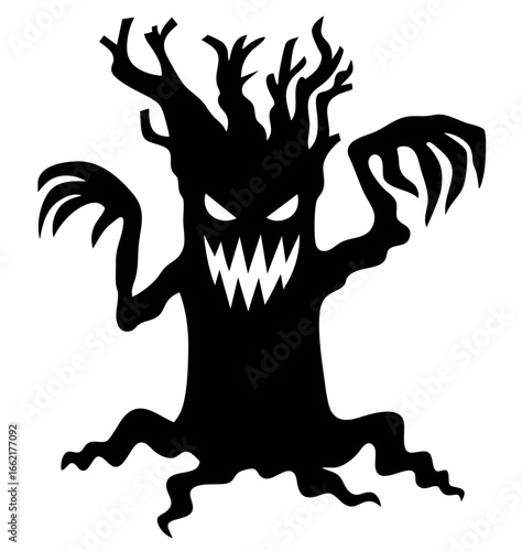 monstrous tree with twisted claw branches, terrifying face with sharp jagged teeth, grotesque roots crawling like serpents, cursed spirit rising as night predator, nightmare creature of darkness feedi