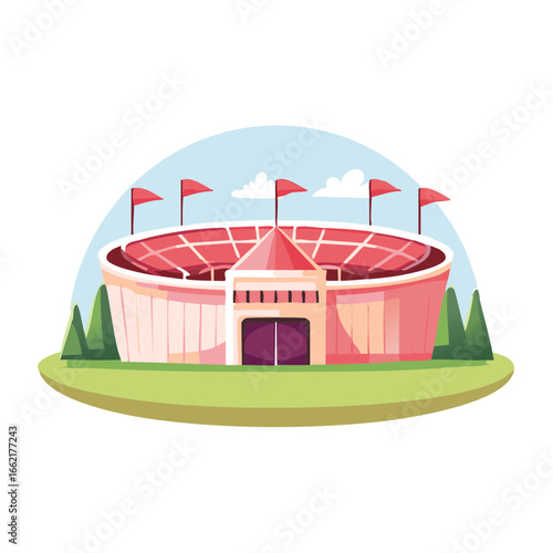 Stylized Arena Illustration: Round Stadium, Red Flags, Green Trees, and a Grand Entrance on a Small Green Landscape