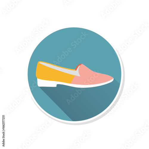 Colorful Loafer Shoe Icon in Flat Design with Shadow on Blue Circle