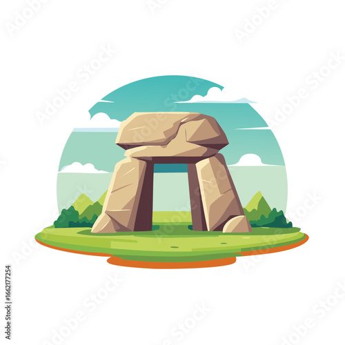 Prehistoric monolithic trilithon monument sits on green meadow with mountain landscape and stylized sky in a minimalist cartoon art style